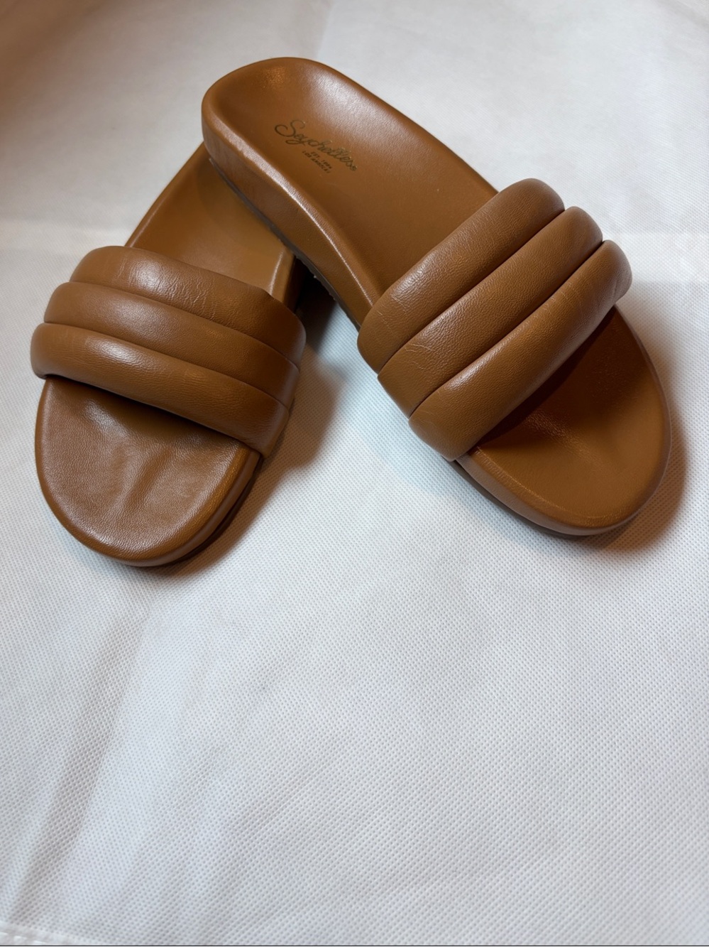 Seychelles Triple-Band Slide Sandals in Cognac Brown